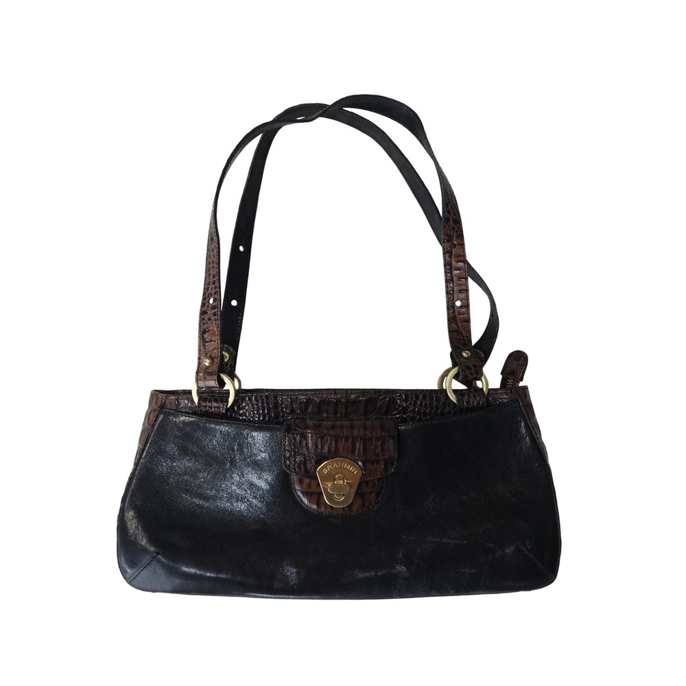 Brahmin Black Brown Croc Embossed Leather Shoulder Bag Gold Turn Lock Satchel